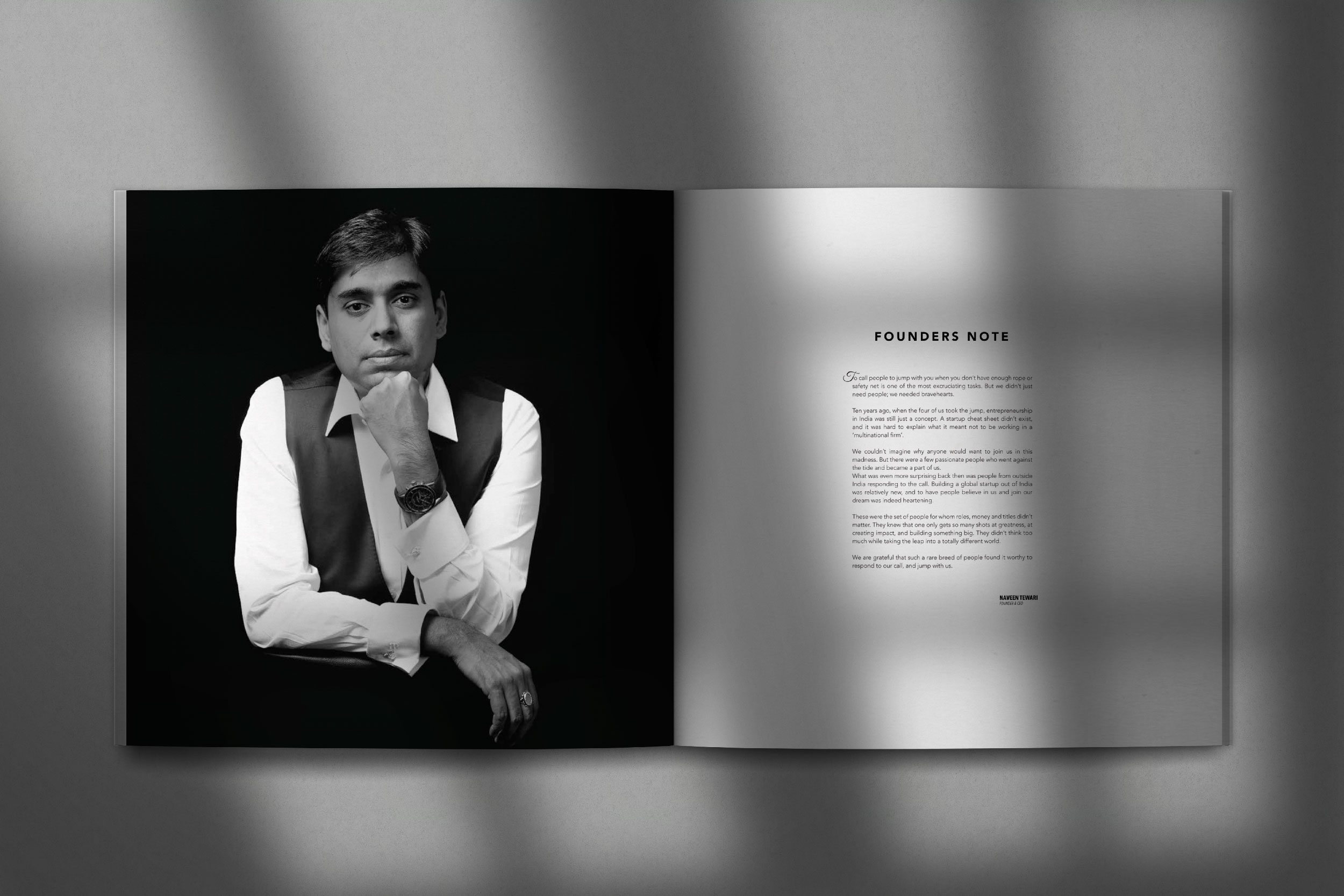 The Guts & The Grit — Founders Note spread with studio portrait of Naveen Tewari