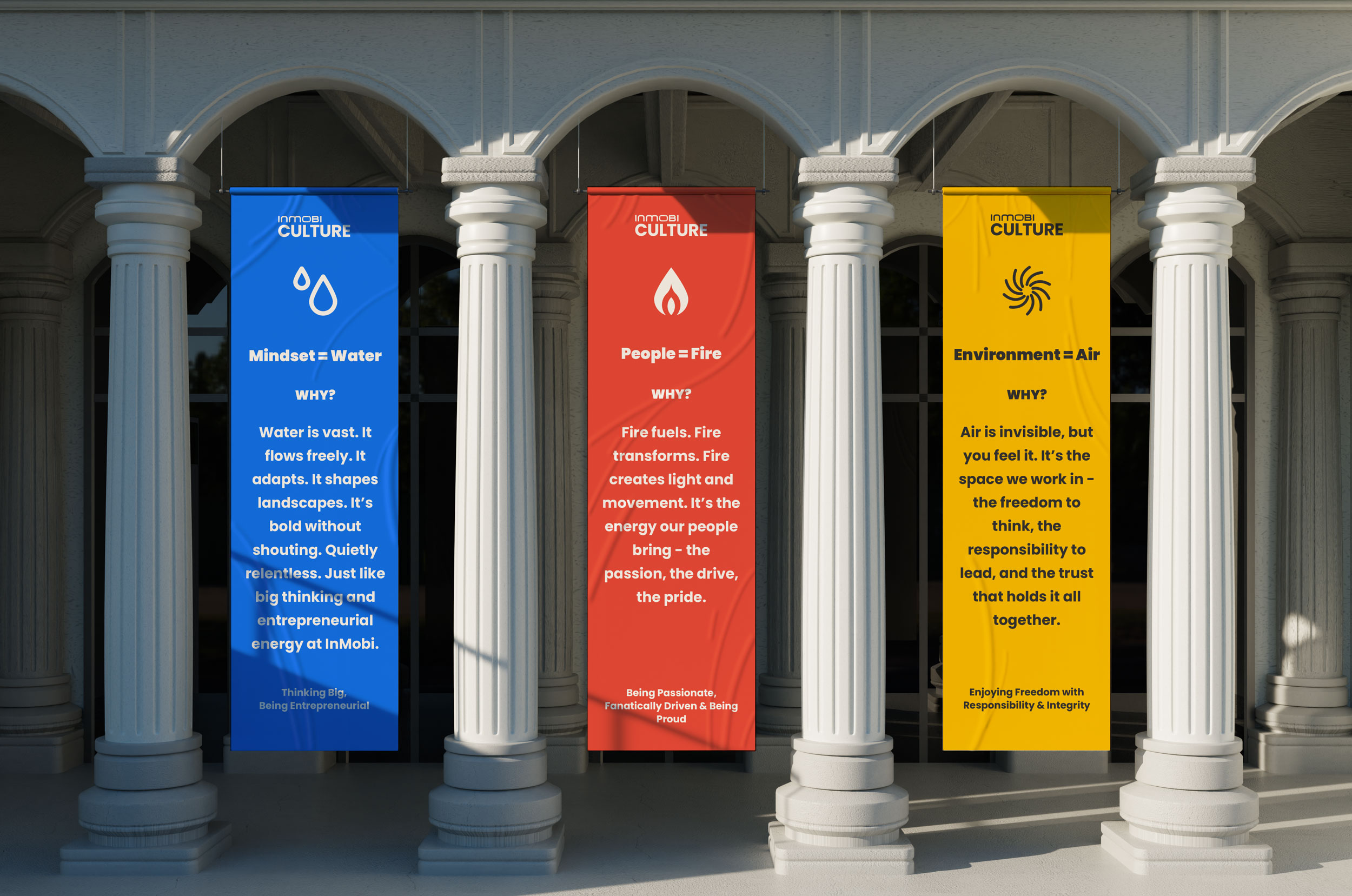 InMobi Culture banners — Mindset = Water, People = Fire, Environment = Air