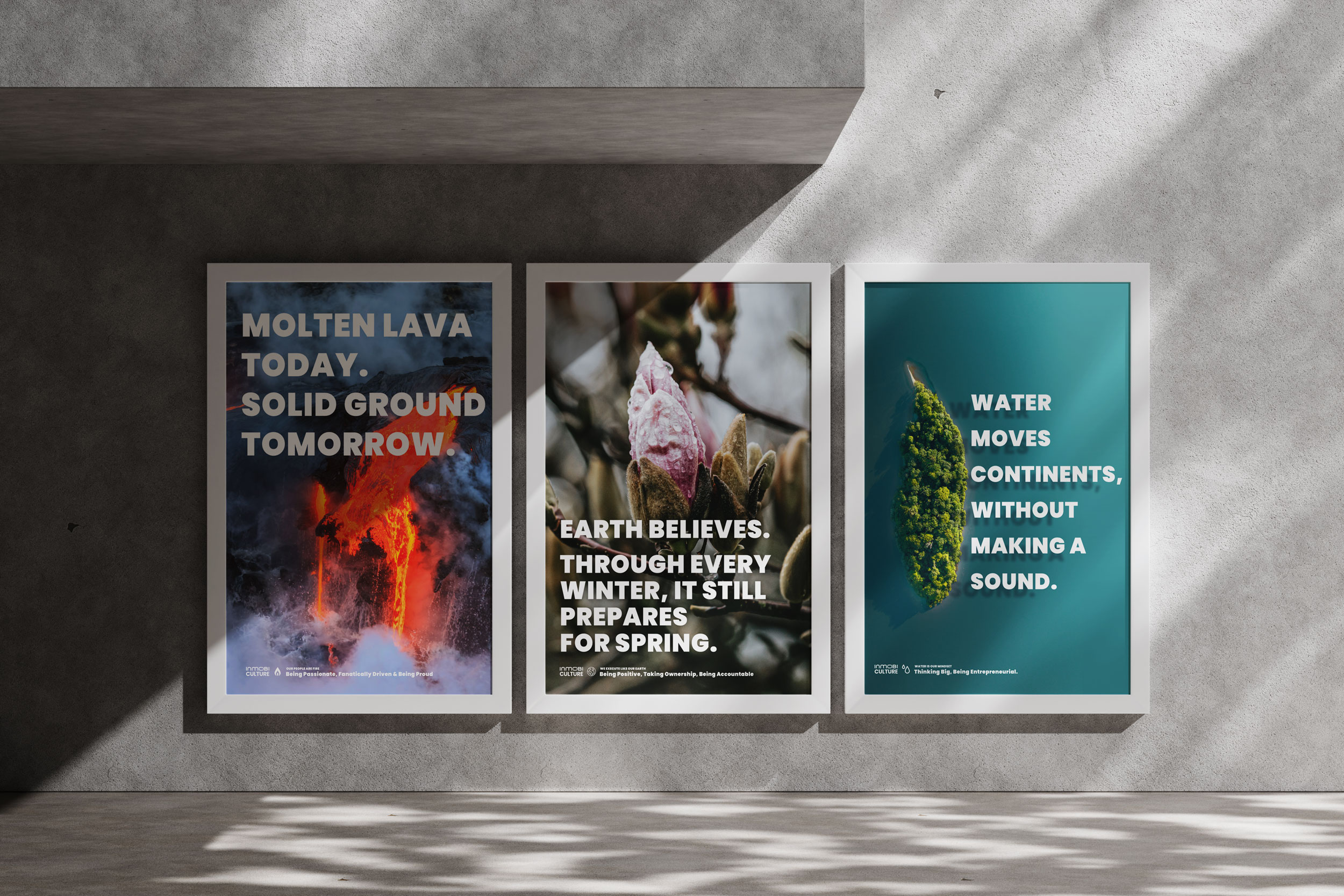 Three framed posters — Fire, Earth and Water culture pillars