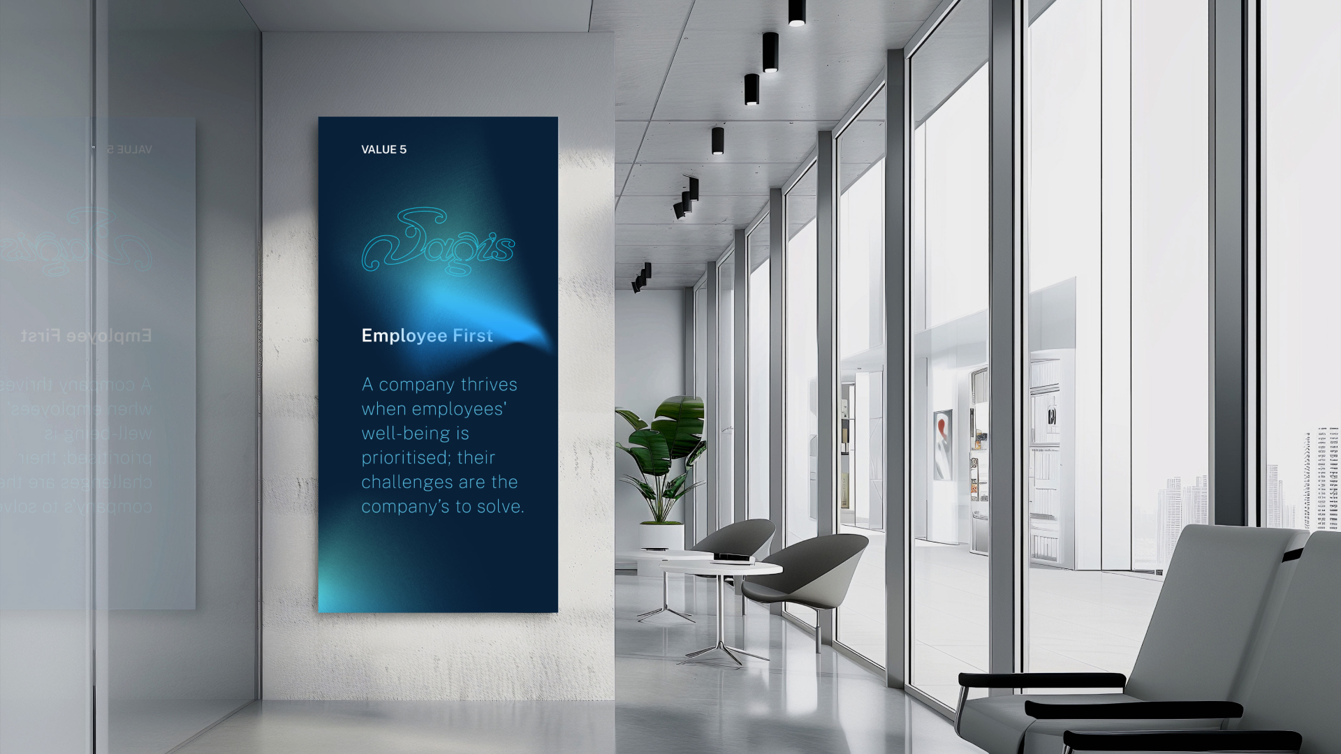 Saagis brand values screen in an office corridor