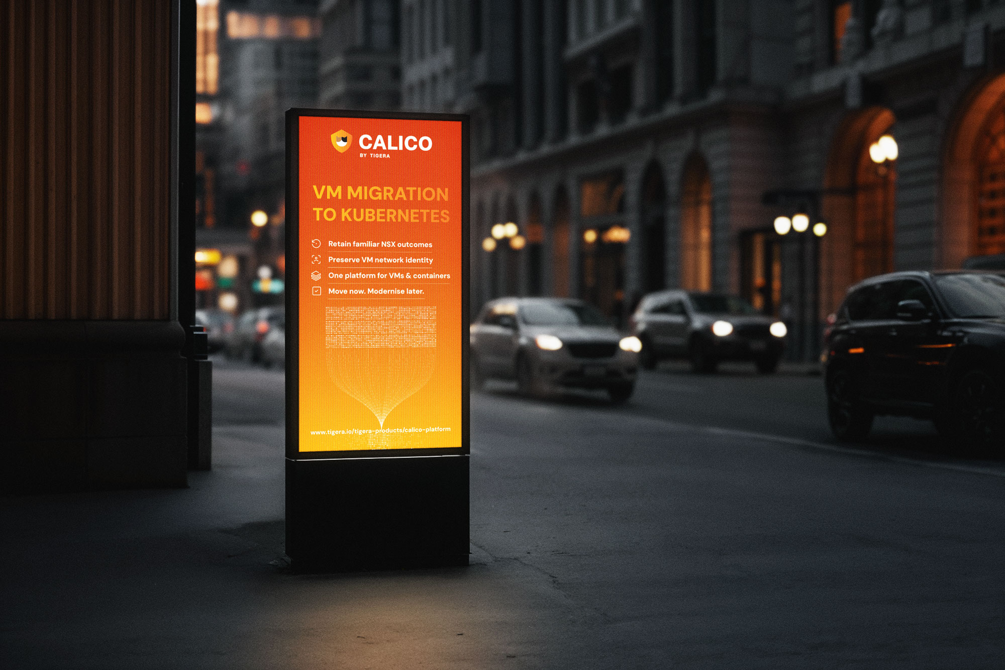 Calico standee on a city street